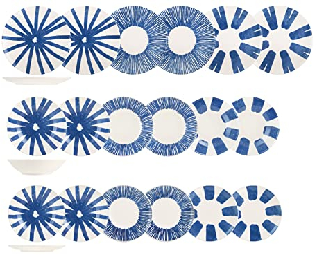 H&H Ithaki Servizio Tavola, 18 Piatti, in Stoneware, Decorato, Blu e Bianco