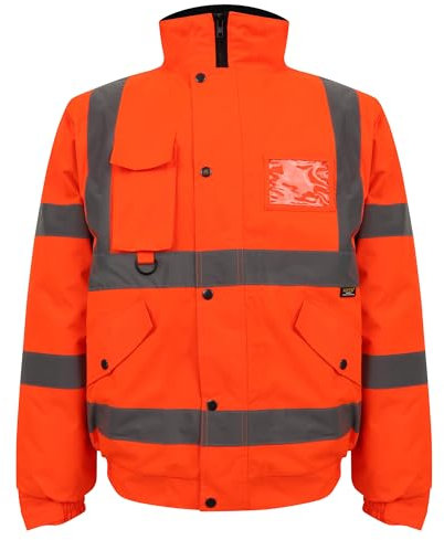 Grunge Wear® Hi Vis Viz Bomber Jacket High Visibility Workwear Safety Security Hooded Padded Waterproof Taped Seams Work Wear Coat Top (Orange, X-Large)