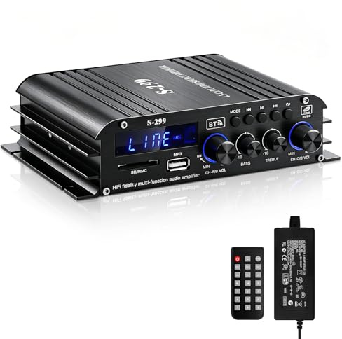Ricevitore amplificatore audio per altoparlanti domestici, S-299 Bluetooth 5.0 amplificatore di potenza 4.1 canali RMS 40Wx4 subwoofer AMP DC 12V/5A mini amplificatore integrato con USB/SD e AUX Jack