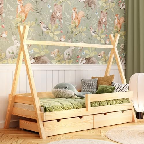 YOUKO Kinderbett Tipi Plus 190x90 cm - Rausfallschutz Bett für Kinder - Montessori Bett aus Kiefernholz - Kinder Tipi Bett - Holzbett Kiefer Ohne Matratze