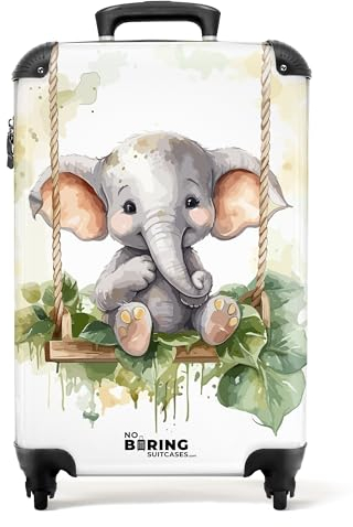 NoBoringSuitcases.com® Handgepäck Koffer Kinder 55x35x20 cm Reisekoffer Kinderkoffer 4 Rollen Leicht Cabin Trolley Hartschalenkoffer für Jugendliche Elefant - Schaukel - Blätter