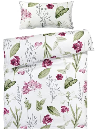 Pure Label Blumen Bettwäsche 155x220 cm mit einem Kissenbezug 40x80 cm - Traumhaft weiches Bettwäsche-Sets 155 x 220 cm in weiß aus 100% Baumwolle mit YKK Reißverschluss