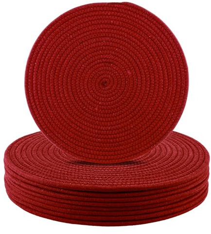 Aertiavty 8 Pack Round Woven Placemats 13.5 Inches Heat Resistant Placemats Farmhouse Cotton Rope Place Mats for Christmas New Year Trivets for Hot Dishes, Burgundy
