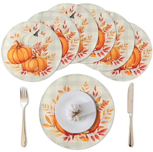 WATINC Autumn Pumpkin Fall Placemats, 6PCS Autumn Round Place Mats Set Thanksgiving Harvest Circle Placemat, Buffalo Plaid Leaves Table Plate Mat Fall Table Mats for Party Kitchen Dining Decoration