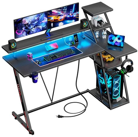 Korfile 39 Inch Gaming Desk with LED Lights & Power Outlet, Small Gaming Computer Desk with Storage Shelves, L Shaped Gamer Workstations with Monitor Stand for Bedroom, Carbon Fiber Black