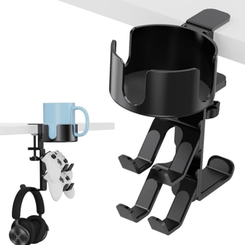 YouLpoet Desk Controller Holder with Headphone Hanger, 360° Rotating 3 in 1 Desk Anti-Spill Cup Holder with Headset Stand, Aluminum Alloy Plastic, Max Capacity 9kg/20lb for Xbox, PS4, PS5, Switch