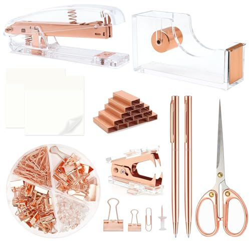 Rose Gold Office Supplies,Rose Gold Desk Accessories,Stapler and Tape Dispenser Set with Stapler,Tape Dispenser, Staple Remover, Staples, Clips,Scissor,Pen and Sticky Notes,Gifts for Office Clerks