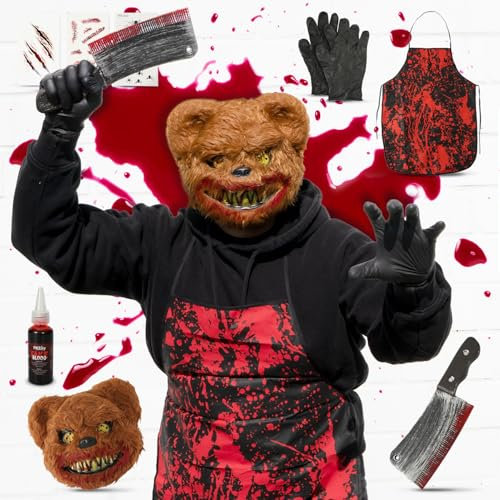 Festicy Bärenkostüm für Herren und Damen I One Size Maske, Kunstblut Halloween Beil, Schürze & Tattoos I Horror Kostüm Herren für Halloween 2025 Party I Halloween Kostüm Damen