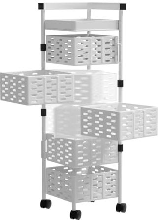 Heikoeco® Servierwagen, Küchenwagen, drehbarer Servierwagen mit Rollen aus extra Dicker Stahl, platzsparender Rollwagen, Magnetisches Design, Bad, Küche (Weiß Eckig, 5 Ebene)