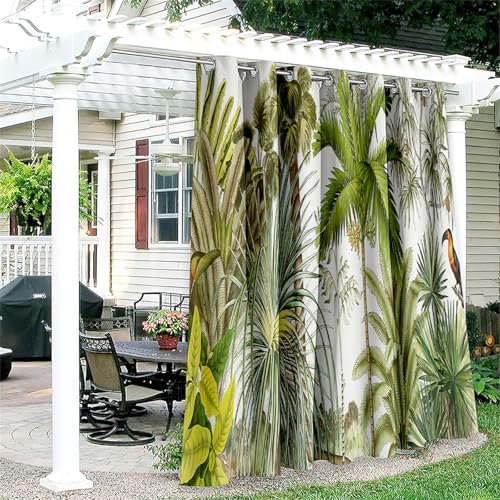 Hiseng Outdoor Vorhang Wetterfest mit Ösen 1 Stück Tropenpflanzen Balkon Outdoorvorhänge Wasserdicht Blickdicht Vorhang Outdoor Sichtschutz Vorhänge für Garten Terrasse (132x213cm,Weiß)