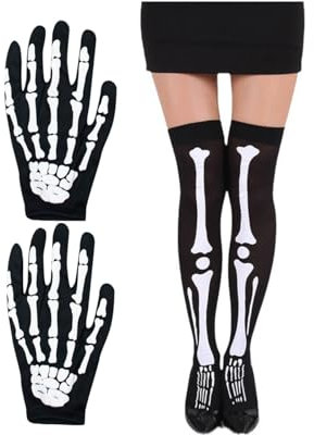 AUFIKR 2 Paare Halloween Handschuhe Strümpfe Set, Halloween Socken und Full Finger Handschuhe Lange Arm Handschuhe für Halloween Tanz Kostüm Party, Cosplay