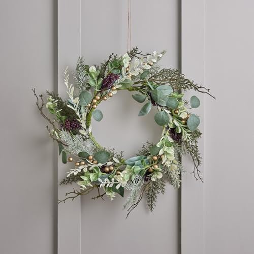 Lights4fun Corona de Navidad Clásica de 40 cm con Follaje Artificial e Bayas Doradas Decoración Navideña para Puerta de Entrada Decoración de Mesa para Interiores