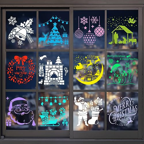 12 Pezzi Stencil Natale per Pittura, Stencil Natalizi Grandi per Vetro Babbo Natale Albero Natale Fiocco di Neve Renne, Plastica Natalizie Decorazioni Vetri Finestre Fai da Te per Bambini Disegno
