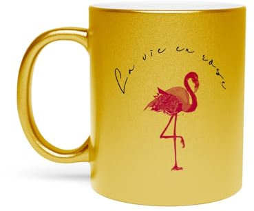 Fabulous Goldene Tasse aus verchromter Keramik - Flamingo La Vie und Rose Drawing - 325 ml