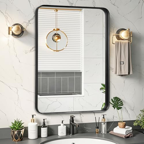 Rosynee Espejo de baño para fregadero – 26 x 32 pulgadas, espejos de pared negro mate para baño, espejo rectangular con marco de metal para baño, dormitorio, oficina en casa, casa de campo