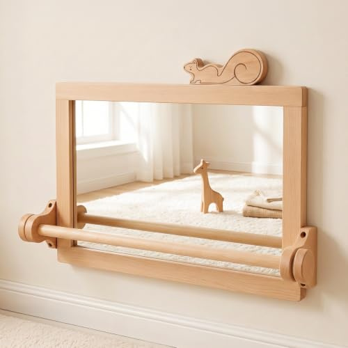 HI Baby MONMENT Montessori-Spiegel mit Stange, Abnehmbarer Holzrahmen, Anti-Chip, Wandmontage, Kinderspiegel