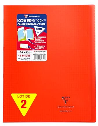 Clairefontaine 984604AMZC Lot de 2 Cahiers Agrafés Koverbook Rouges - 24x32 cm - 48 Pages Petits Carreaux avec Marge - Papier Blanc 90 g - Couverture Polypro