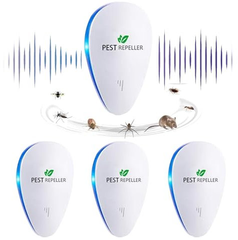 Queath Ultraschall-Mückenabwehr (Packung mit 4 Stück), Fliegen, Kakerlaken, Spinnen, Ameisen, unschädlich für Haustiere und Menschen, Ultraschall-Mückenabwehr & Elektronik-Kontrolle gegen Mäuse