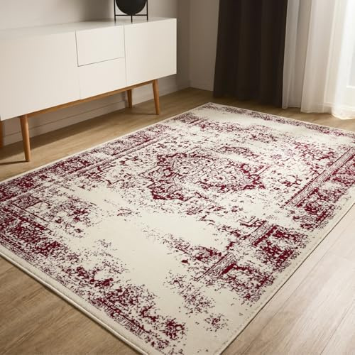 benuta Basic Teppich Suki - Creme/Rot 200x300 cm - Kunstfaser - Rechteckig & im Style: Vintage, Orient Style - Pflegeleicht für Wohnzimmer Schlafzimmer