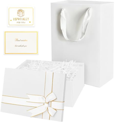 Geschenkbox mit Deckel, Geschenkbox Geburtstag, Rechteckige Geschenkverpackung Geburtstag mit Schleife, Geschenkkarton mit Deckel Raffia und Grußkarten, für Hochzeiten Jahrestage (Weiß)