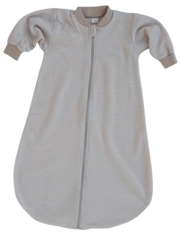 Baby Schlafsack mit Ärmeln, Gestreift Blau-Weiß, Temperaturausgleichend, für 20-22°C Raumtemperatur (Sand/Natur, 50-56)