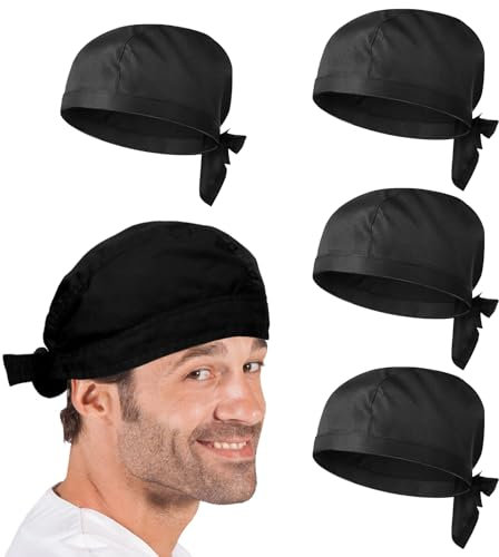 Huybaa 4 Pezzi Cappellino da Chef, Cappello da Cuoco Nero, Cappello Cucina Regolabile, Bandane Cucina per Cuoco, Cappelli Bandana Unisex Cucina Berretto da Lavoro per Adulti, Fornai, Hotel, Ristorante