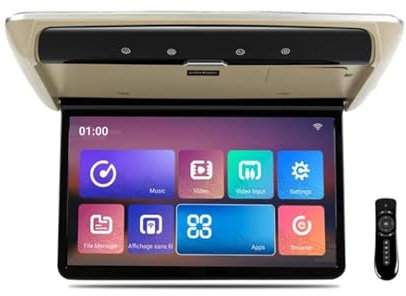 Monitor de techo de coche de 14 pulgadas, TV abatible hacia abajo, pantalla de vídeo HD de 1080P, pantalla IPS con luz ambiental de 16 colores, SD, HDMI, FM, Android 10(Beige)