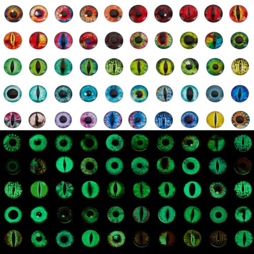 AHANDMAKER Lot de 100 cabochons en verre yeux de chat lumineux de 50 styles - 12 mm - Phosphorescents dans le noir - Demi-rond à dos plat - Pour la fabrication de bijoux, pendentifs camée, poupées