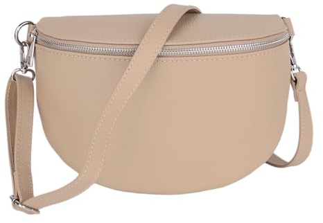 MIRROSI Damen Bauchtasche aus Echtleder, Made in Italy. Als Umhängetasche, Brust- oder Schultertasche tragbar, 26x20x8 cm, Reißverschlussfach hinten. (Helltaupe Basic Version)