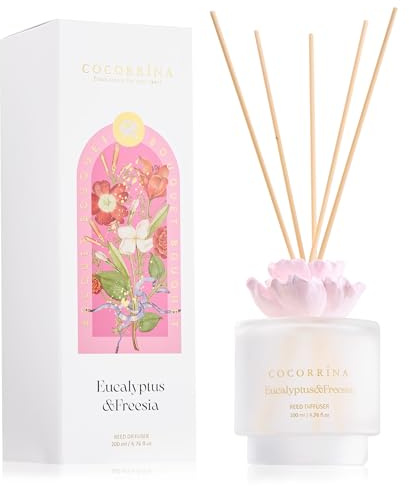 COCORRÍNA Profumo per Ambienti con 8 Bastoncini di Fragranza 200ml, Eucalyptus & Freesia, Lunga Durata, Profumo per Bagno, Soggiorno, Camera da Letto, Decorazione per Scaffali (Fiore di Gesso)