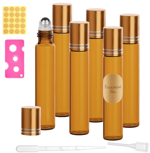 SONEER 10 ml Roll on Flasche Leer für Ätherisches Öl,Braun Glas, 6 Stück | Mit Edelstahl-Ball,Öffner,Tropfer,Etiketten for Aromatherapie Parfüm Massage