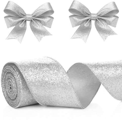 XDGBGFN 10M Glitzerndes Schleifenband Mit Draht Silber, 6CM Breite Geschenkband, Silbers Glitzer Weihnachtenband, Glitzer Weihnachtsbaum Band für Weihnachten Dekoration Geschenkverpackung