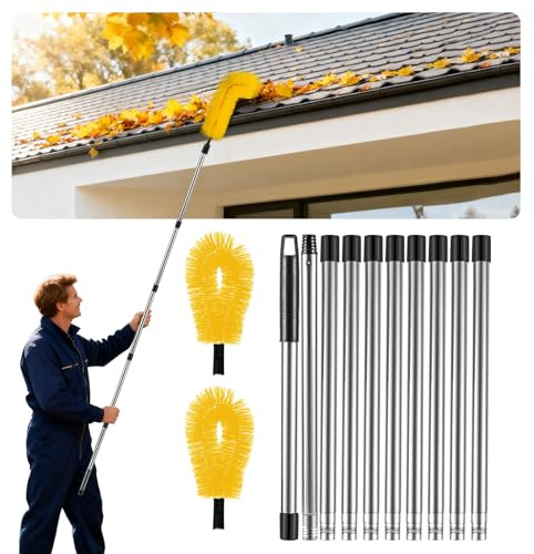 LrqzHsyl Gutter Cleaning Tools from The Ground - 12.7FT Long Adjustable gutter Cleaner & Brush, No Ladder Needed | Gutter Clean Out Tool Makes it Easy To Clean Leaves, Branches And Debris from Gutters