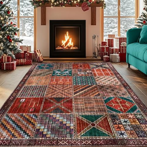 REDTAPISE Groß Teppich Wohnzimmer, Mehrfarbig, 160 x 200 cm, Patchwork Vintage Rot Orange Dunkelgrün Teppich gegend für Schlafzimmer Esszimmer Waschbar Carpet Living Room Decor
