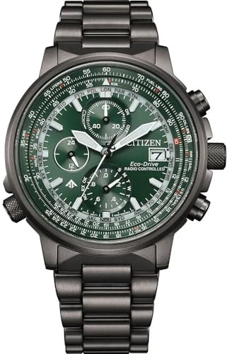 Citizen AT8304-57W Funkuhr für Herren, Eco-Drive H800, Funkuhr, Edelstahl, grau, Chronograph, grünes Zifferblatt, 20 ATM