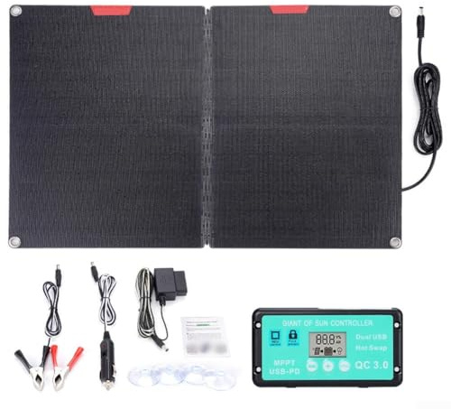 Yuanpgky Kit de panneau solaire pliable 60 W avec contrôleur pour chargement extérieur, camping-car et camping, matériau ETFE, système 12 V avec clips et port OBD II (A)