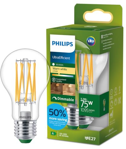 Philips LED UltraEfficient Clear A60 Glühfadenlampe, E27 Edison-Schraube, Energieklasse A, 1095 lm, entspricht 75 W, Warmweiß (2700 K), dimmbar, EyeComfort, 50.000 Stunden, 1 Packung
