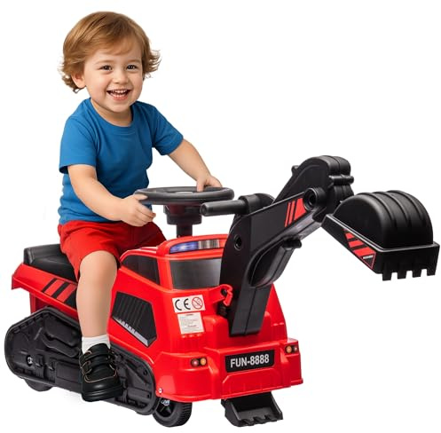 HOMCOM Sitzbagger Kinderbagger mit Schaufel, Schürfkübel und Walze Musikfunktion, Aufsitzbagger Bagger zum Draufsitzen für Kinder 1,5-4 Jahre, Rot