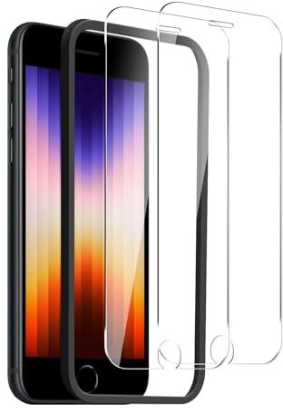 YYAWWNE 2 Pack Tempered Glass Screen Protector Compatible with iPhone SE 2022/2020/6/7/8, Includes Easy Installation Frame, 9H Hardness, HD Clear, Anti-Scratch, Bubble-Free