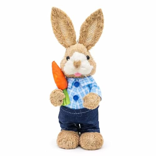 Minzora Rustikale Oster Deko Figuren Hasen mit Karotte, 25 cm Hoch, Ostern Dekoration für Tisch, Zuhause, Balkon & Garten, Gartendeko aus Weidengeflecht (Lang blau Karierter Mann)