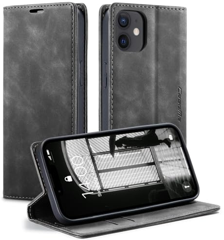 KZB für iPhone 12 Hülle, Magnet Leder Klapphülle Stoßfest | Retro PU Leder, 2 Kartenfach, Standfunktion, Schutzhülle, Flip Case, Handyhülle für iPhone 12 6,1'', Grau
