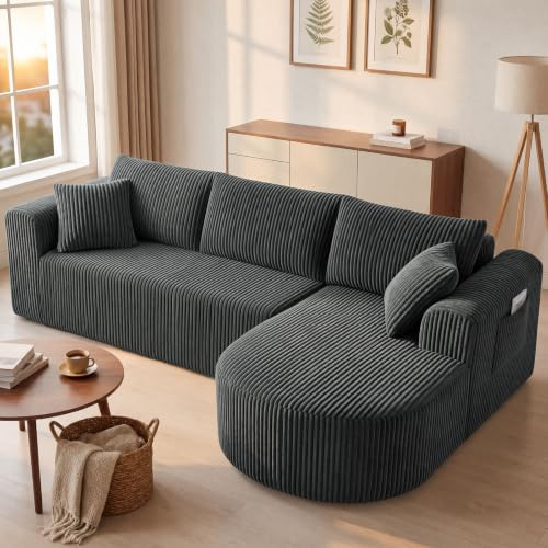 COMHOMA Ecksofa mit Schlaffunktion, 243cm Corduroy Modulares Boneless Couch mit Chaiselongue, L-Form Schlafsofa, Sektionssofas mit Kissen & Seitentaschen,Sofa für Wohnzimmer, Keine Montage, Grau