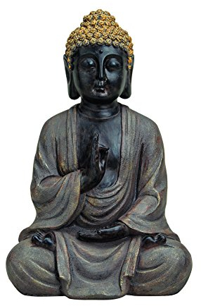 Dekofigur chinesischer Buddha, sitzend, grau mit goldenen Haaren, aus Polyresin