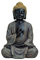Dekofigur chinesischer Buddha, sitzend, grau mit goldenen Haaren, aus Polyresin