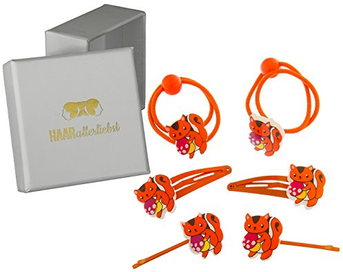 HAARallerliebst 6 Haarspangen Haargummis Haarklammern mit orangenen Eichhörnchen für Kinder in weisser Box