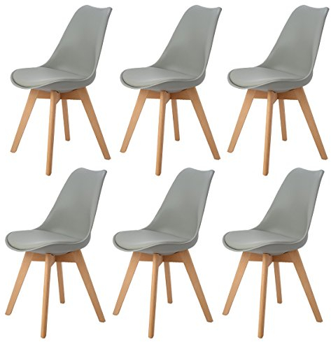 DORAFAIR 6er Skandinavischen Retro Design Gepolsterter lStuhl Kunststoff PP Esszimmerstühle,mit Massivholz Buche Bein,Grau