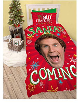 Elf Santa is Coming Weihnachtlicher Wende-Bettbezug mit Will-Ferrell und passendem Kissenbezug, Mehrfarbig, 200 x 135 cm