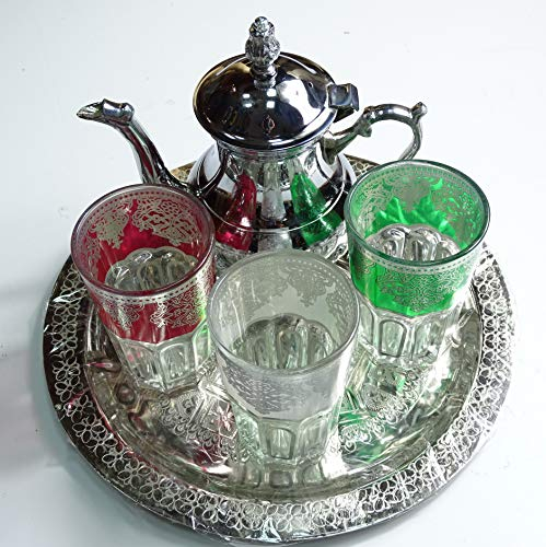 kenta artesanias juegos de té marroqui Original 3 Vasos, Tetera para 3 hasta 4 y Bandeja de 25 cm repujada a Mano (Fucsia Blanco Verde)