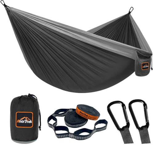 AnorTrek Camping Hängematte, superleichte tragbare Fallschirm Hängematte mit Zwei Baumgurten Einzel oder Doppel Nylon Reisebaum Hängematten Schwarz&grau