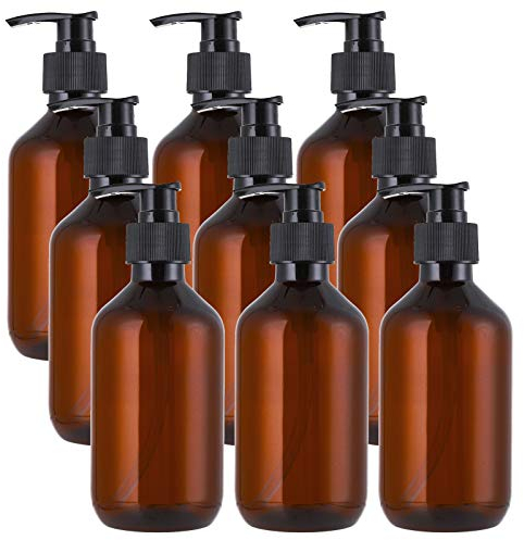 Jucoan 9 Pack 300ml Empty Plastic Pump Bottles, Amber Lotion Soap Dispenser Refillable Containers for Shampoo Conditioner Wash Shower